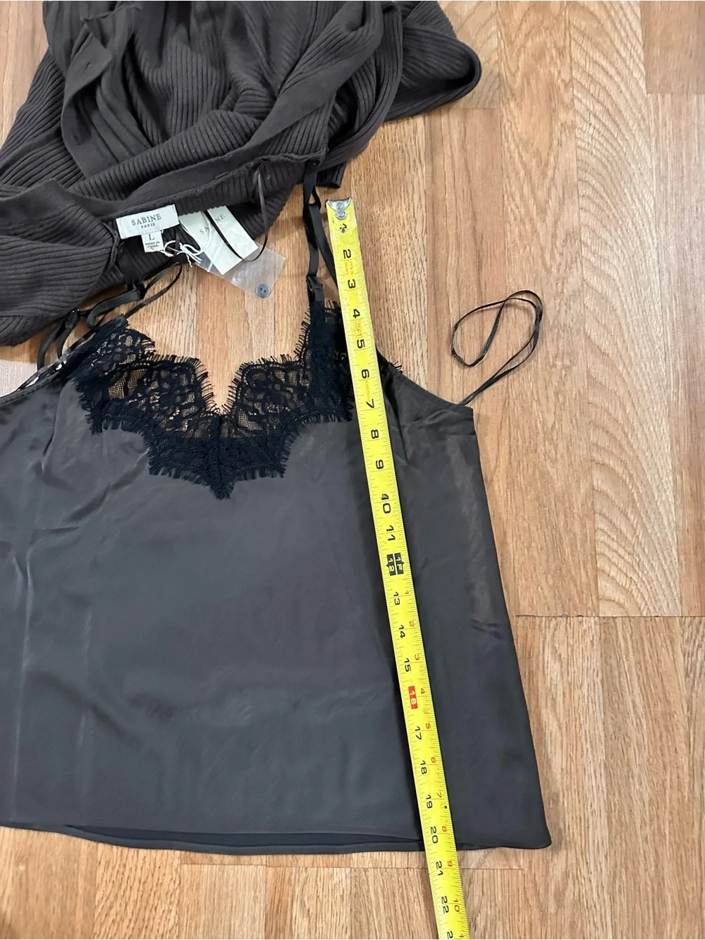 Sabine Brown Ribbed Cardigan with Black Lace-Trim Cami